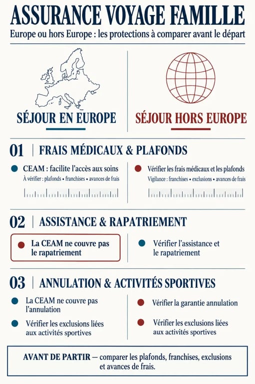 Infographie sur les garanties d’une assurance voyage famille en Europe et hors Europe
