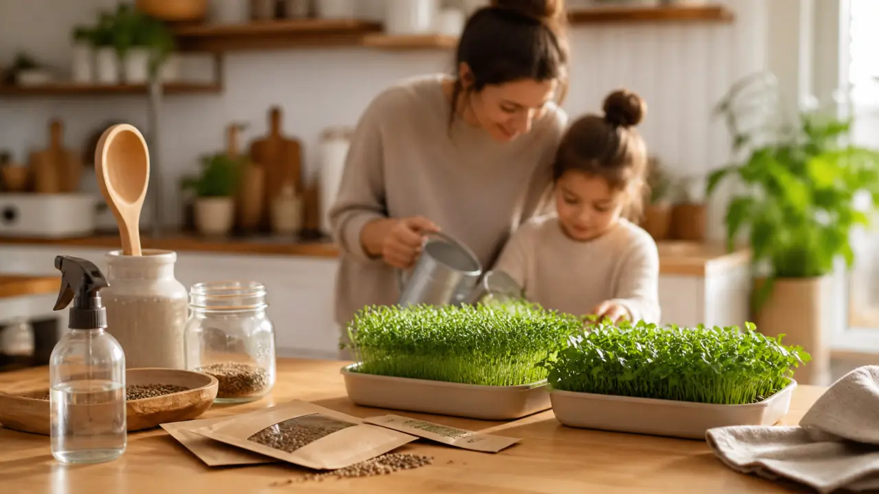 Micropousses maison sur un rebord de fenêtre lumineux, dans une ambiance chaleureuse et naturelle
