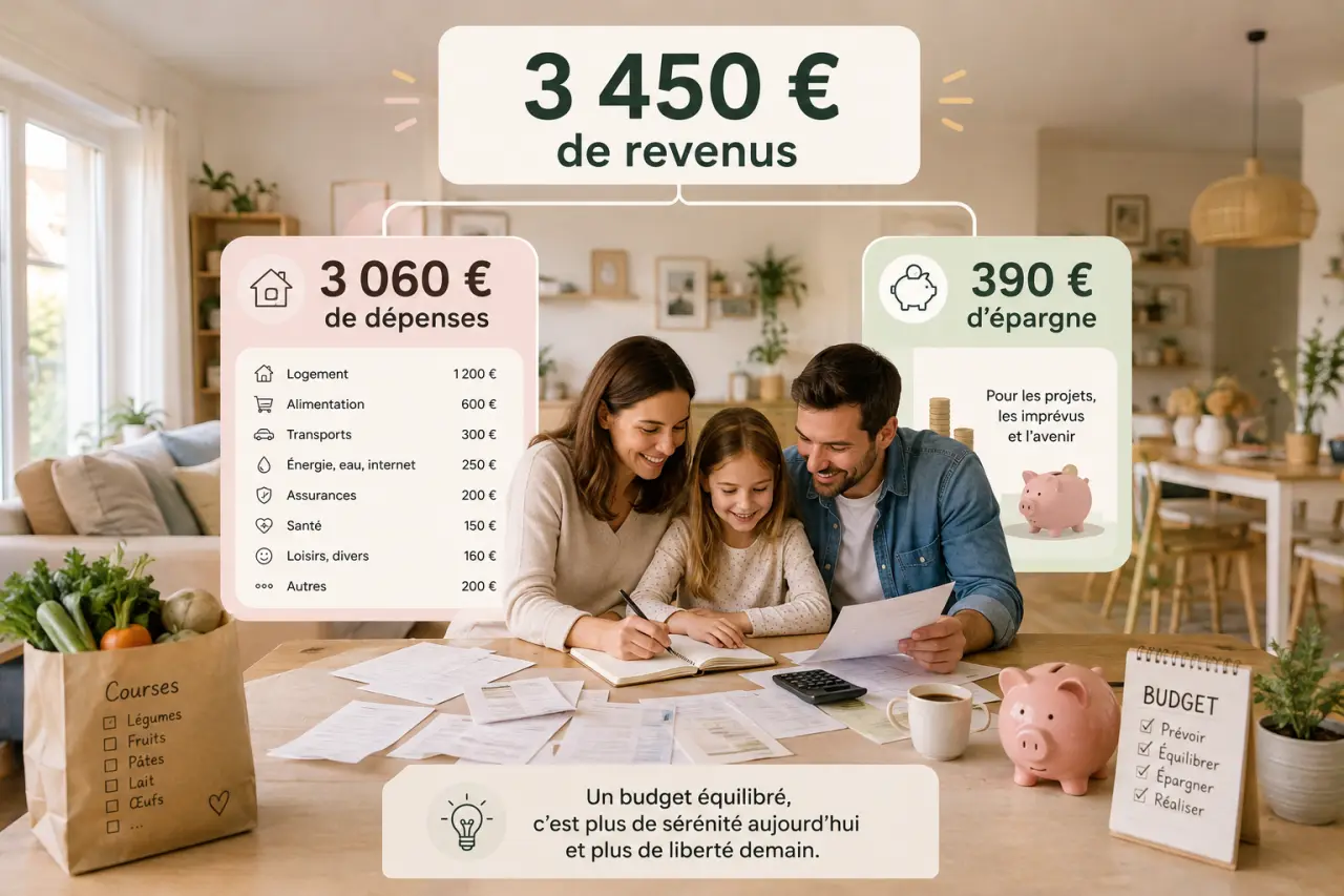 3 450 € de revenus pour une famille de 3 personnes : 3 060 € de dépenses et 390 € d’épargne