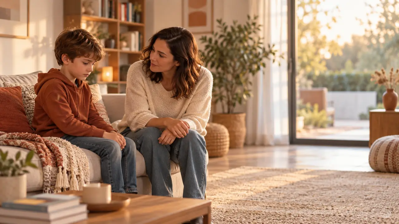 Enfant calme accompagné avec douceur par un parent dans un intérieur lumineux