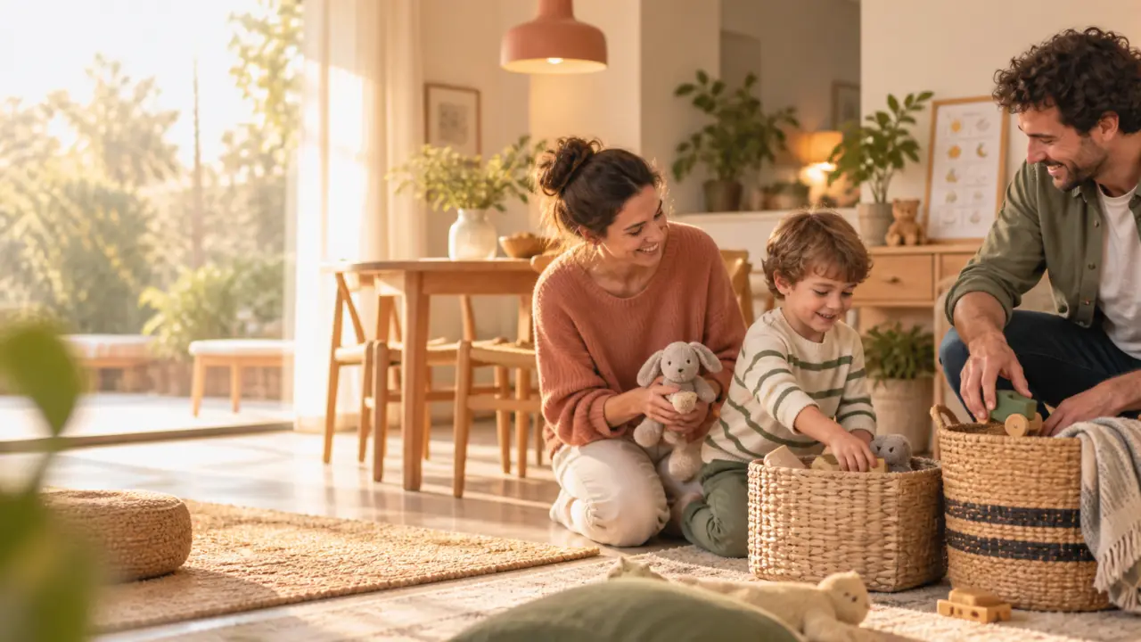 Famille réunie dans un salon lumineux autour d'un rituel du quotidien