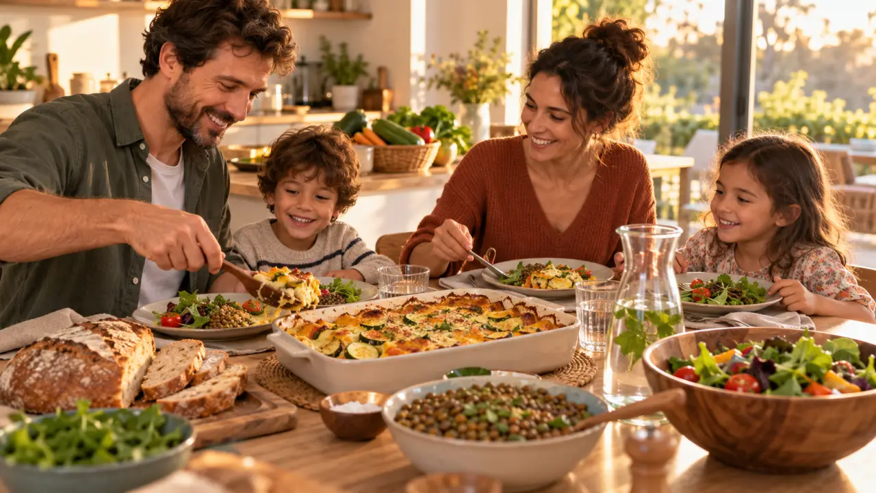 Famille réunie autour d'un repas maison coloré et convivial