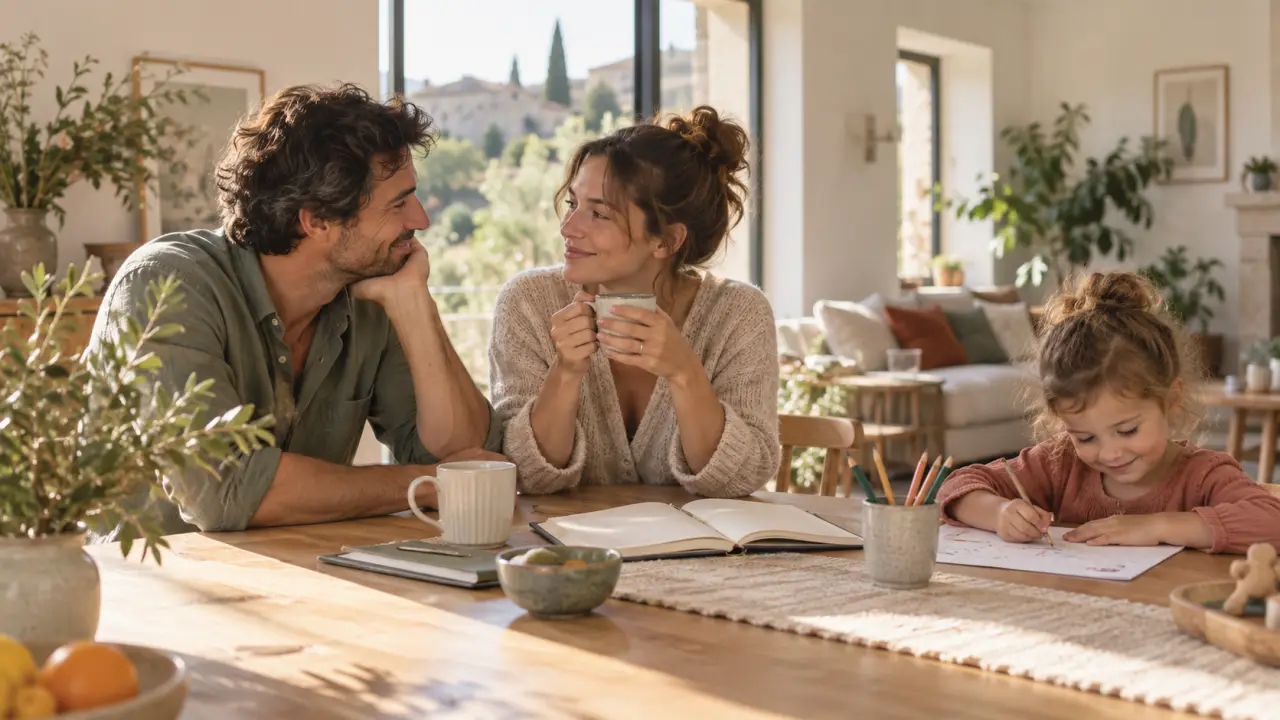 Famille détendue partageant un moment chaleureux dans un salon lumineux