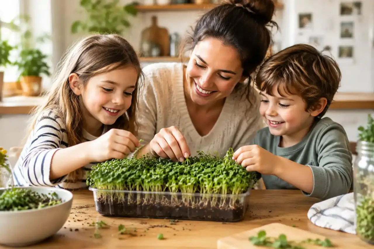 Barquette de micropousses cultivées dans une cuisine familiale lumineuse