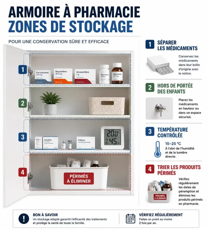 Infographie pour organiser ses médicaments et sa pharmacie familiale