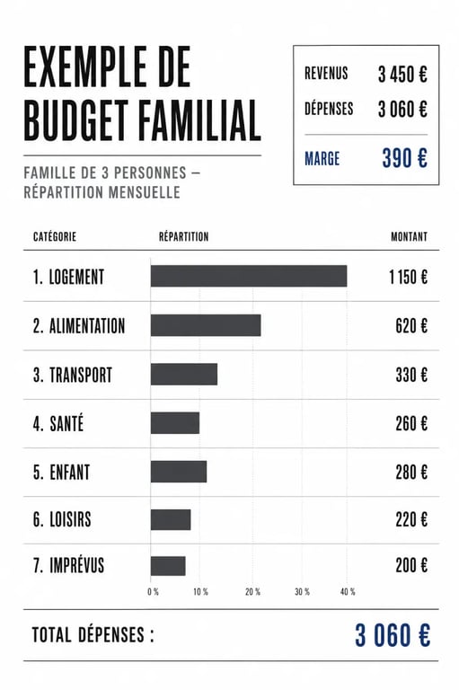 Exemple budget famille 3 personnes : répartition mensuelle des dépenses et marge restante