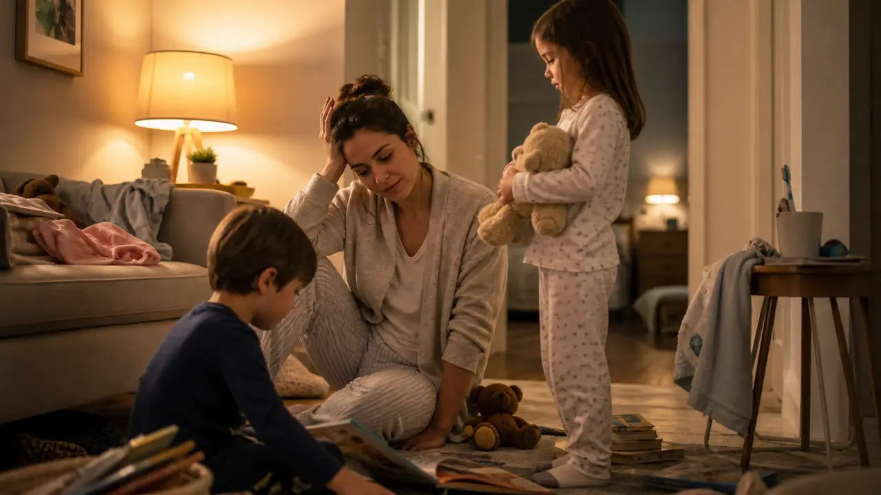 Famille détendue dans un salon lumineux au moment du soir