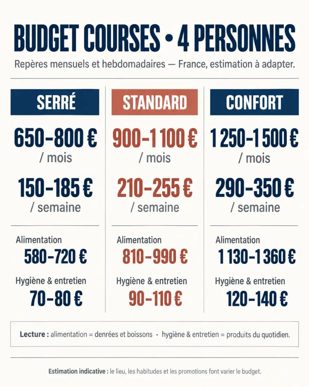 Budget courses pour 4 personnes par mois selon le profil de consommation