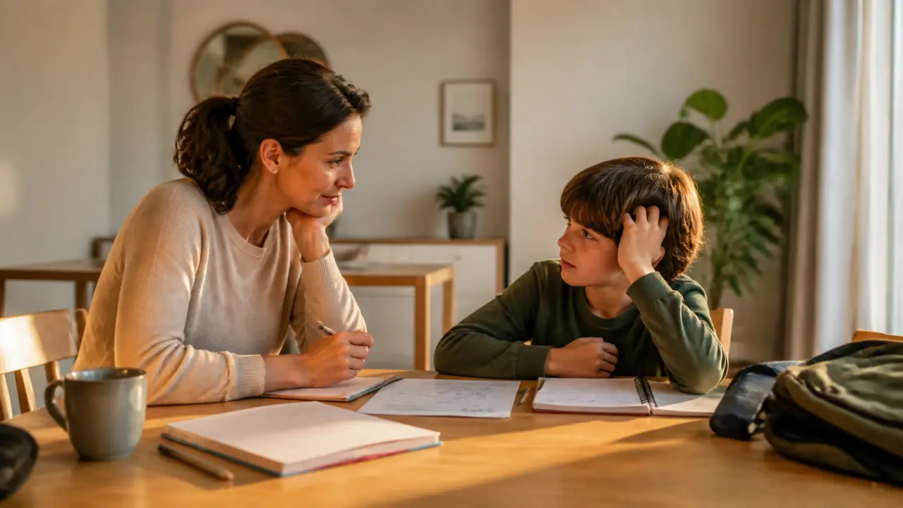 Famille détendue dans un salon lumineux, moment de complicité autour des devoirs