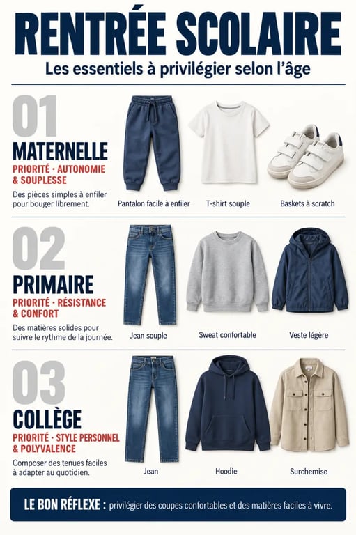 Infographie des essentiels du vêtement pour la rentrée scolaire selon le niveau scolaire