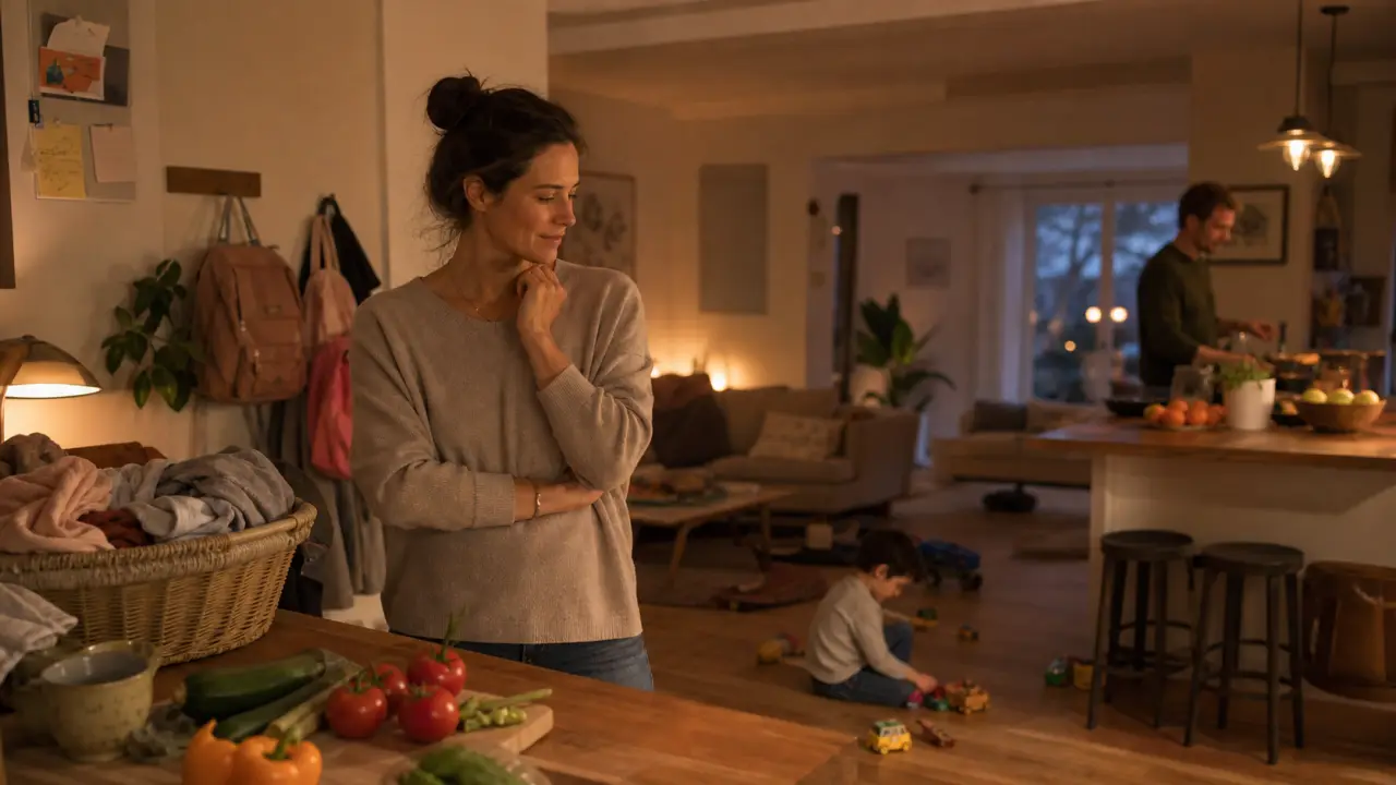 Famille détendue dans un salon lumineux, ambiance chaleureuse et apaisante
