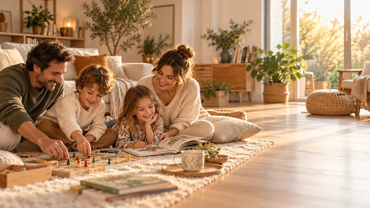 Famille réunie dans un salon chaleureux autour d'un moment partagé sans écran