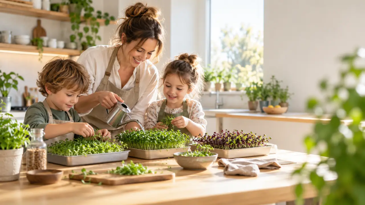 Une famille observe des micropousses cultivées à la maison