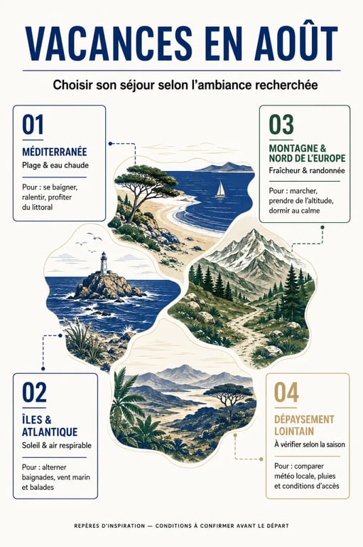 Vacance en aout : graphique des destinations selon la chaleur, la plage, la fraîcheur et la randonnée