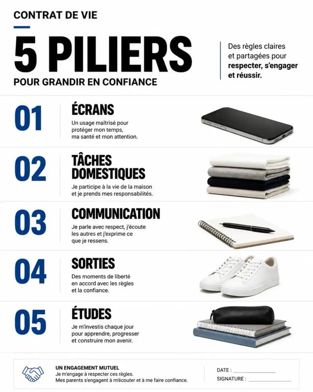 Infographie des 5 piliers d'une règle de vie pour ado à la maison à imprimer