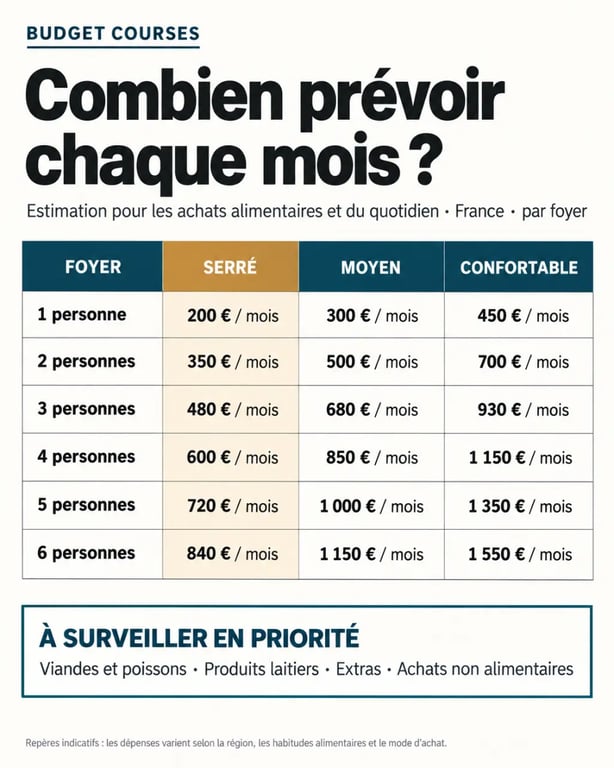 Infographie sur le budget course mensuel selon la composition du foyer