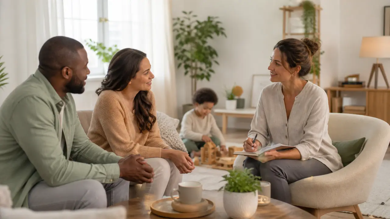 Famille détendue dans un salon lumineux aux tons doux et naturels