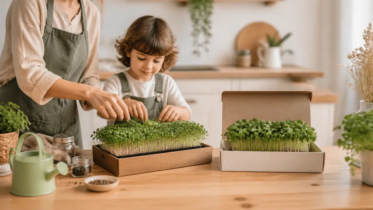 Famille souriante cultivant des micropousses à la maison dans une ambiance douce et lumineuse