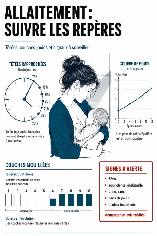 Bébé tète toutes les heures et ne dort pas : visuel éditorial montrant tétées groupées, couches mouillées et signes d’alerte