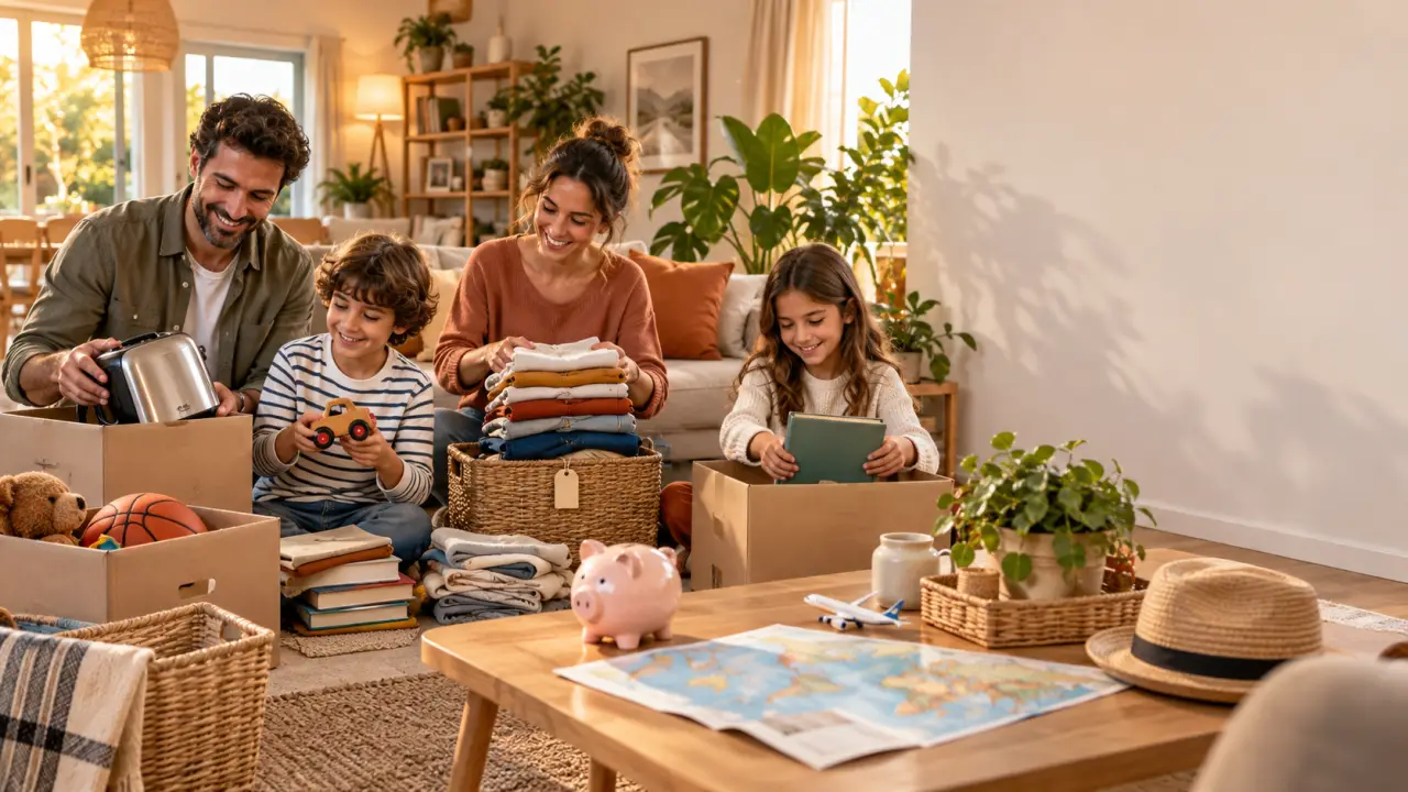 Famille triant des objets dans une maison lumineuse avant les vacances