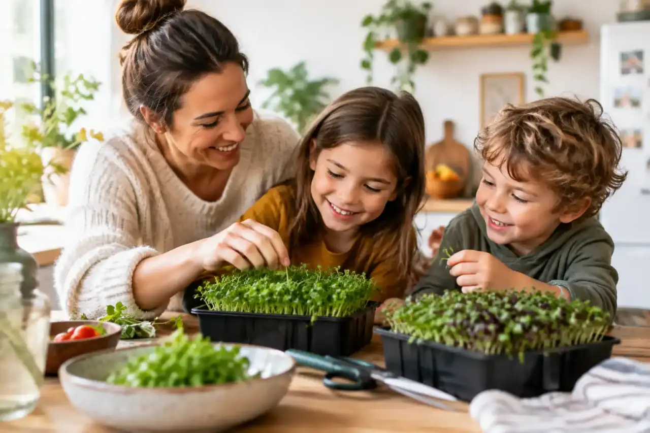 Une famille découvre des micropousses cultivées à la maison