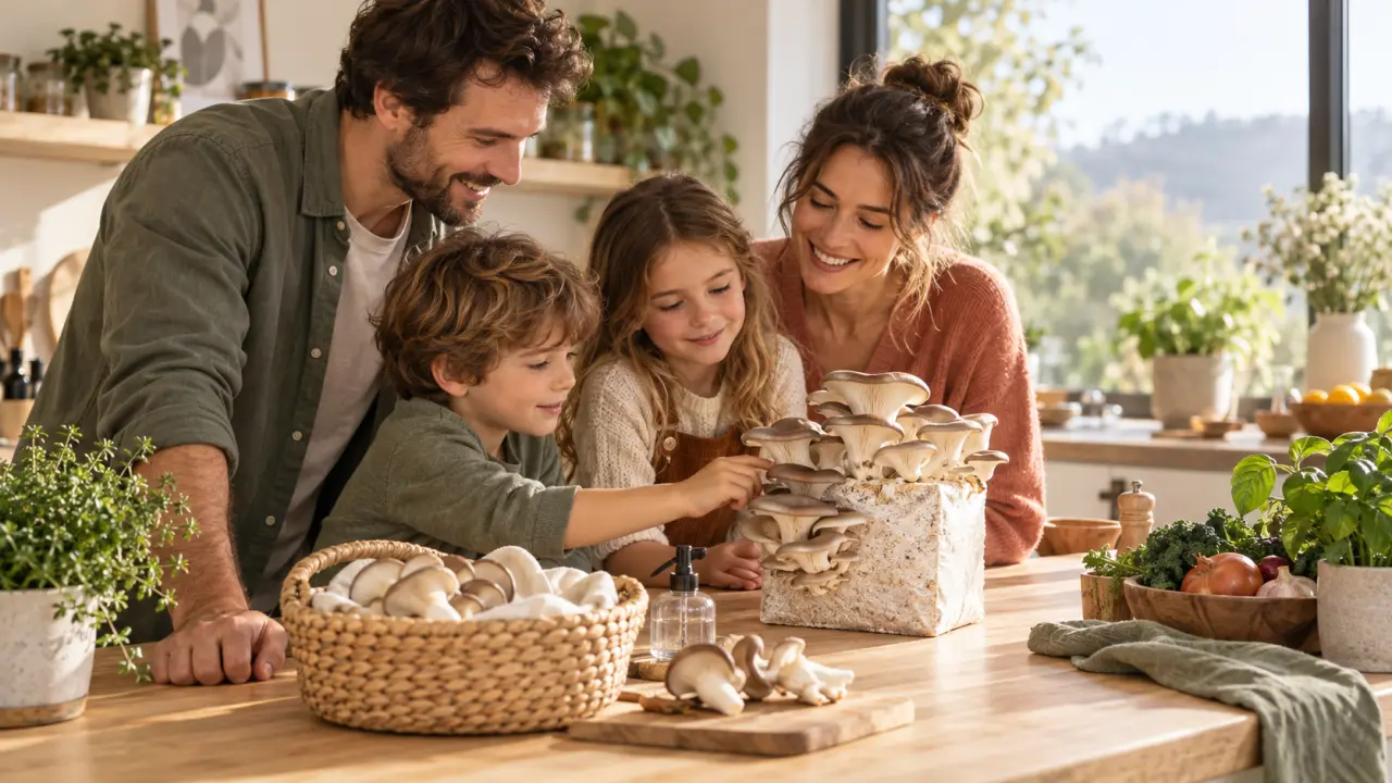 Famille découvrant une culture de champignons maison dans une cuisine lumineuse