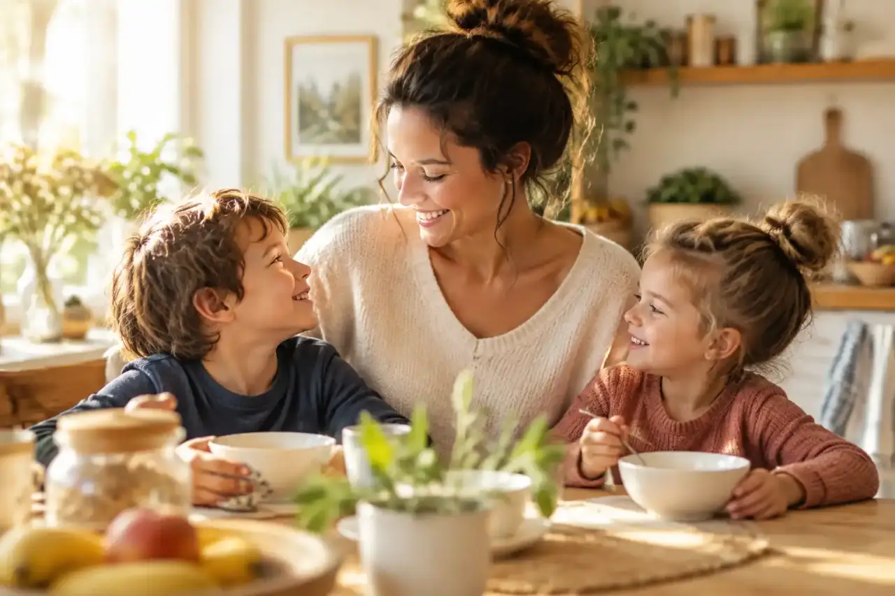 Famille réunie dans un intérieur lumineux pour préparer calmement la journée