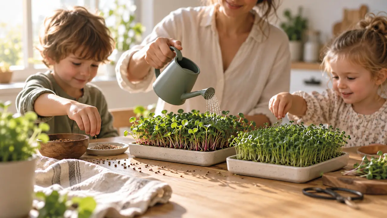 Une famille cultive des micropousses dans une cuisine lumineuse