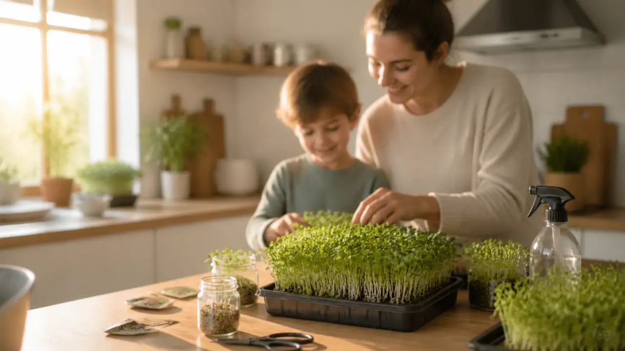 Micropousses cultivées en cuisine dans de petits contenants lumineux