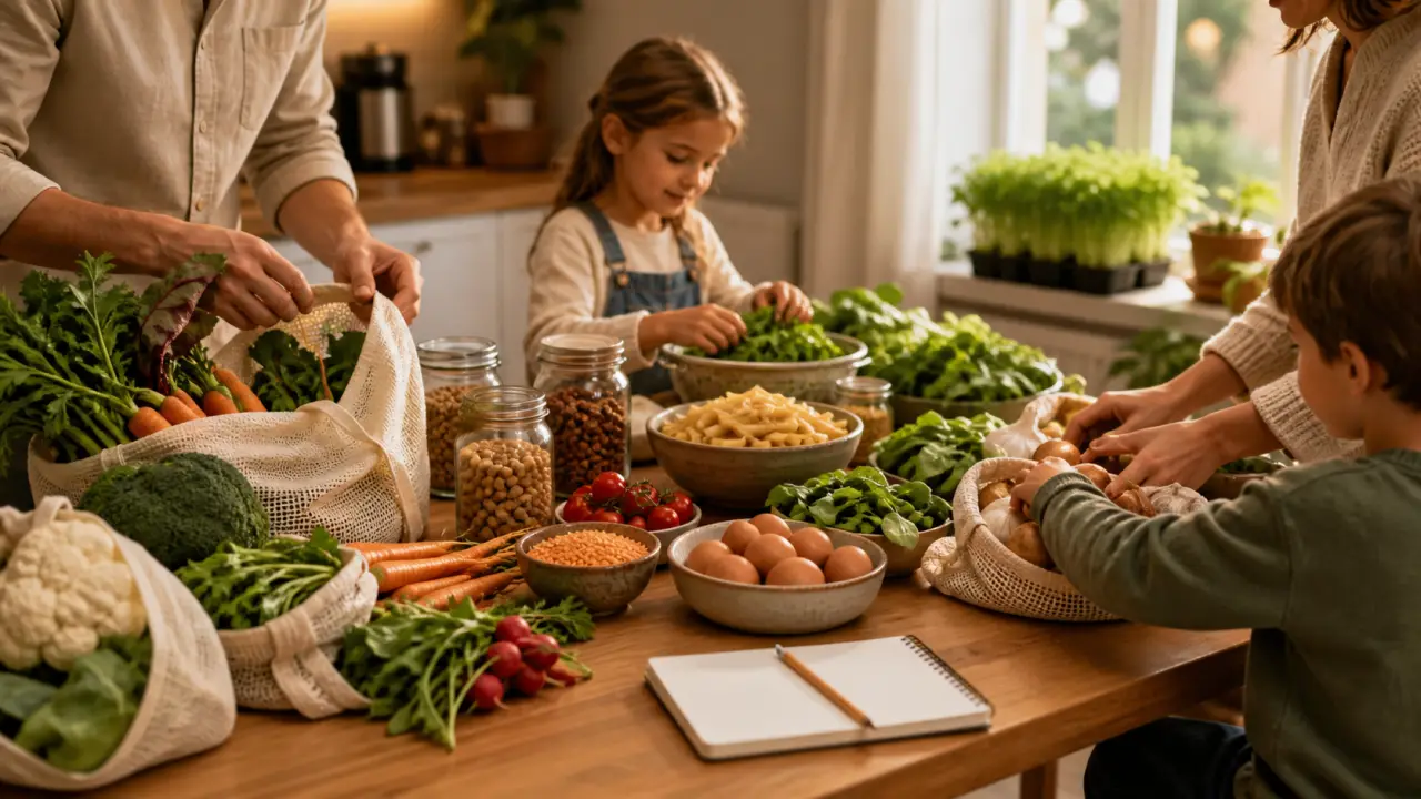 Famille souriante préparant un repas simple et chaleureux dans une cuisine lumineuse