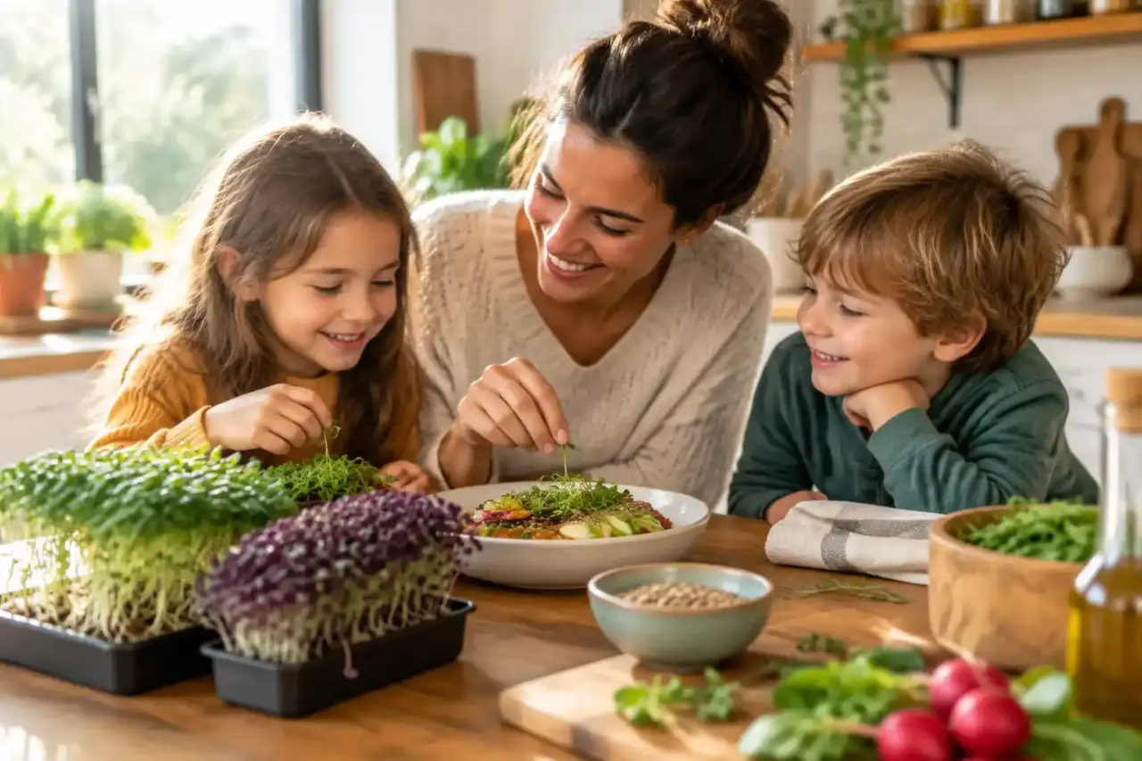 Petits pots de micropousses vertes et fraîches cultivées à la maison