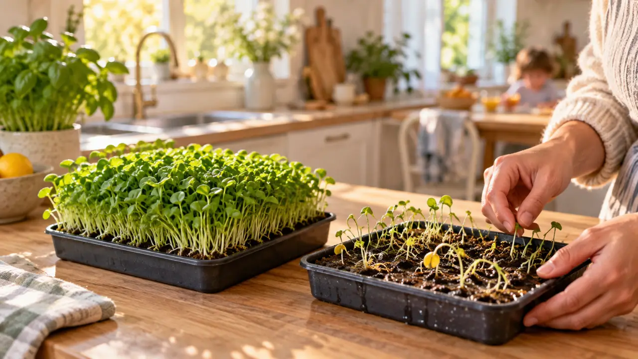 Plateaux de micropousses fraîches cultivées à la maison