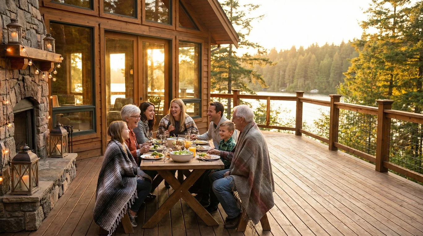 Maison de campagne chaleureuse et famille marchant