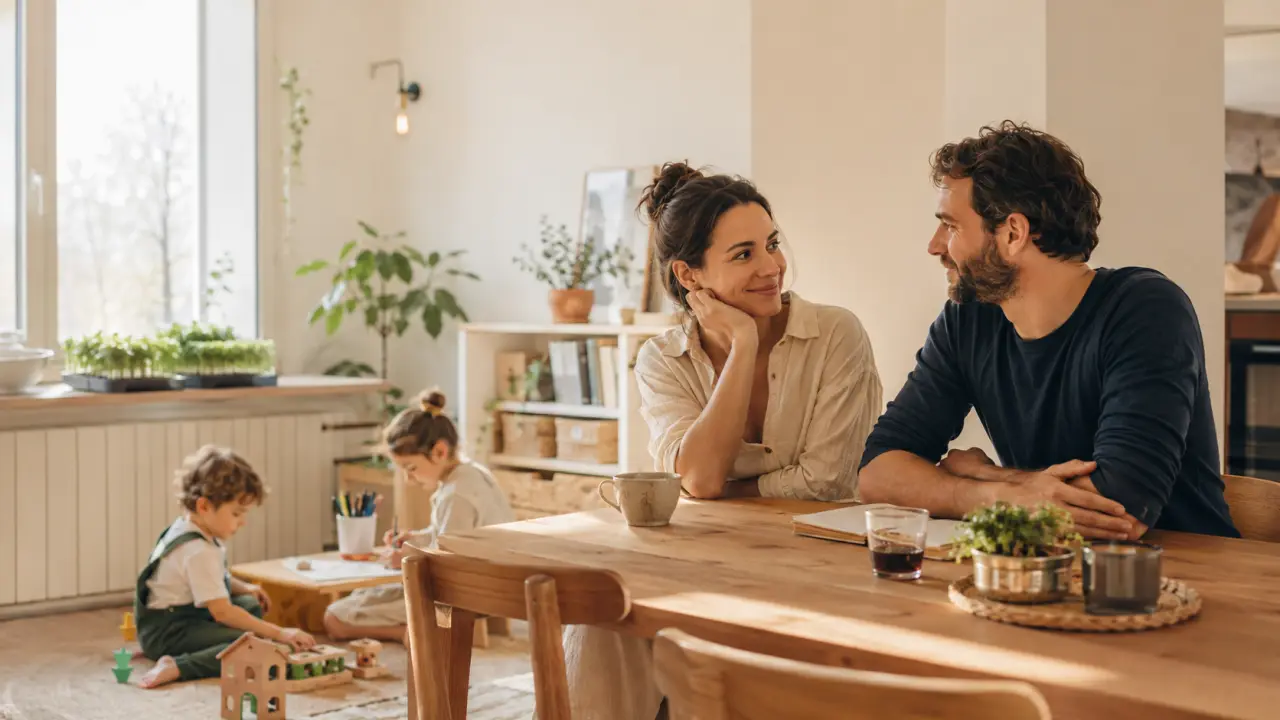 Famille détendue et souriante dans un salon lumineux, ambiance douce et chaleureuse