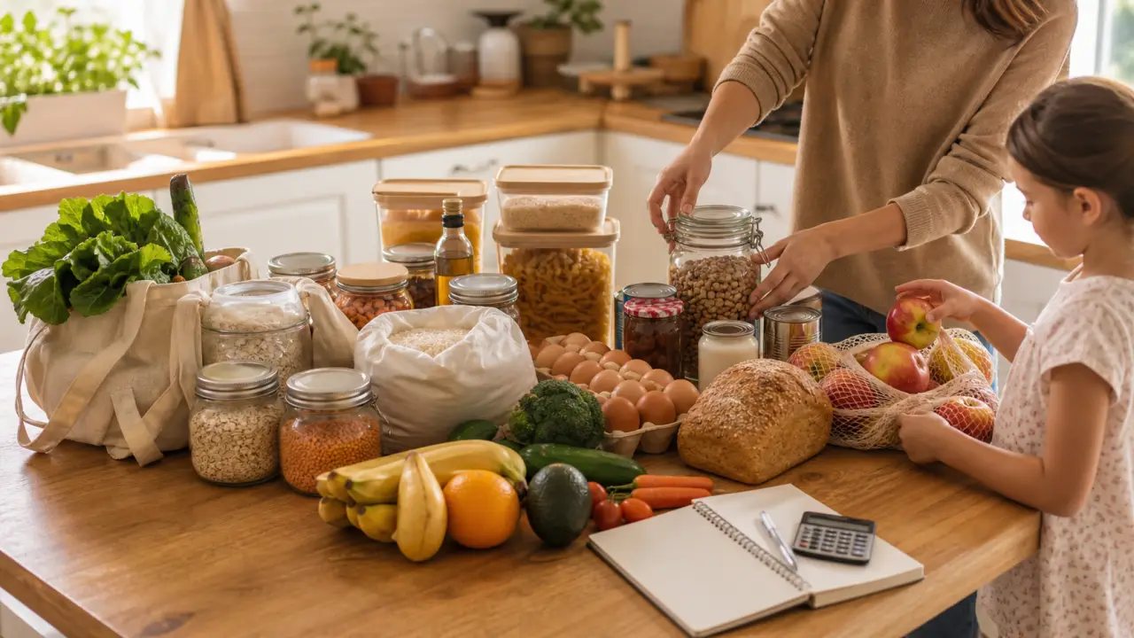 Famille préparant des courses et des repas dans une cuisine lumineuse aux tons naturels
