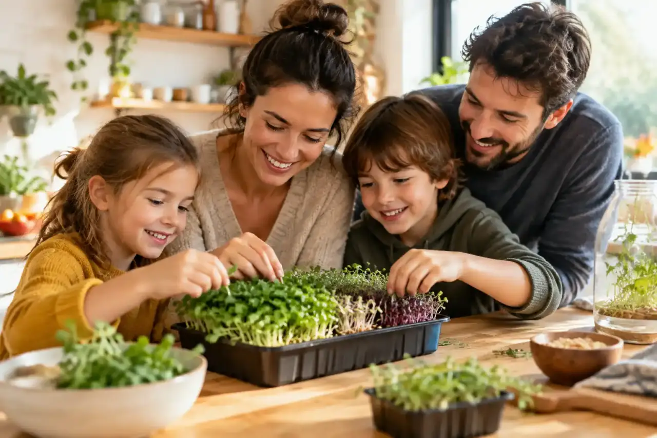 Une famille souriante cultivant des micropousses dans une cuisine lumineuse